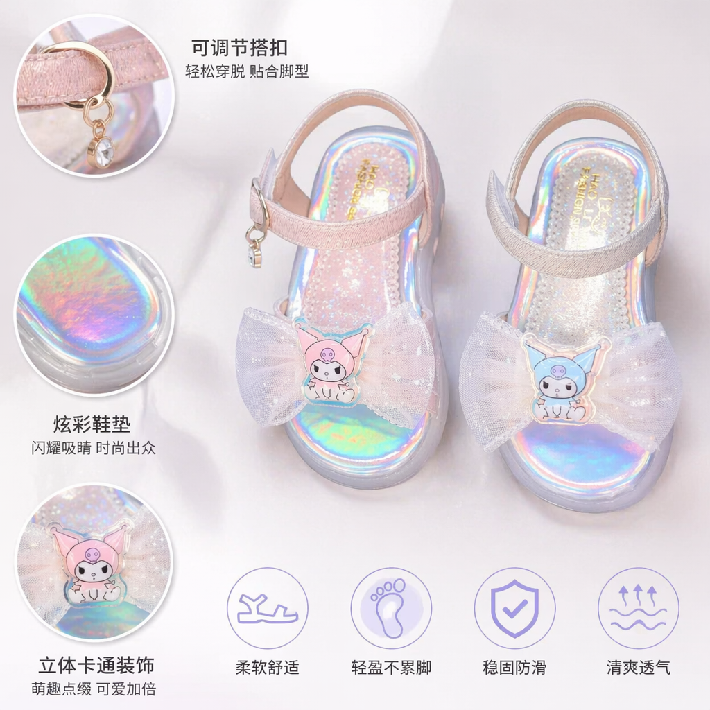 Rainbow-colored sequined children's sandals with Kuromi cartoon stickers and white gauze bows