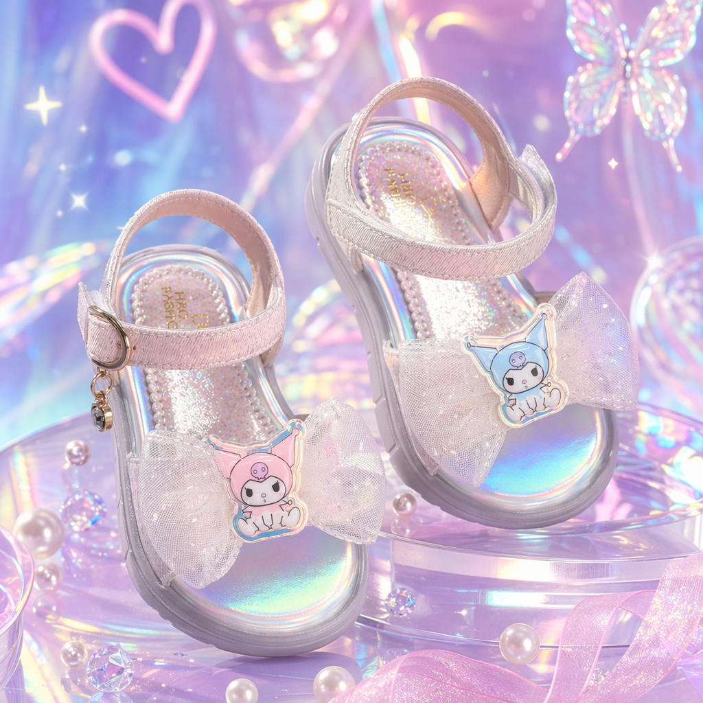 Rainbow-colored sequined children's sandals with Kuromi cartoon stickers and white gauze bows Specification image