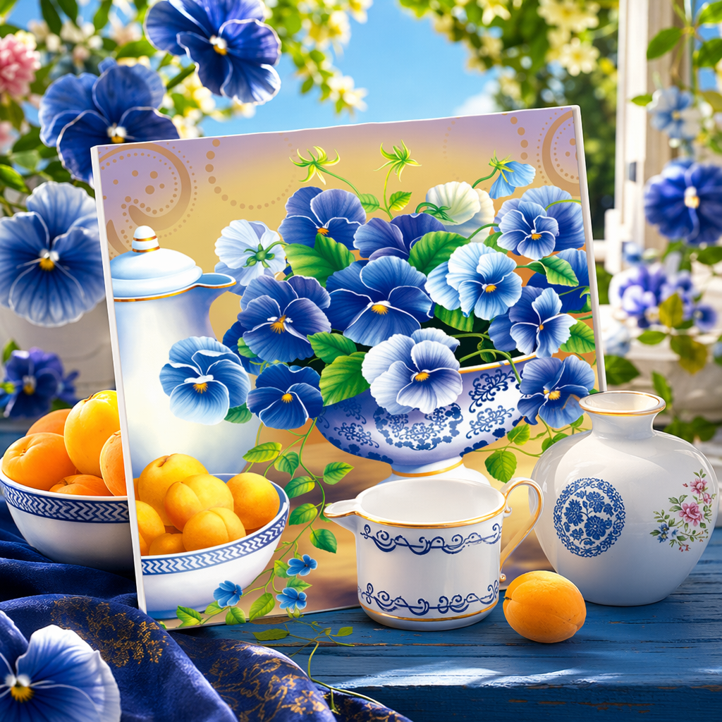 蓝白瓷花瓶插着蓝色花朵+水果与瓷器静物组合细节图