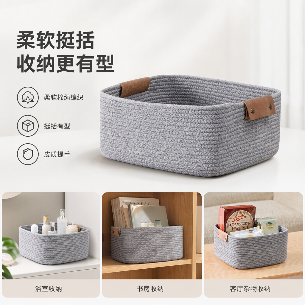 灰色编织收纳篮家用大容量储物篮客厅卧室整理筐