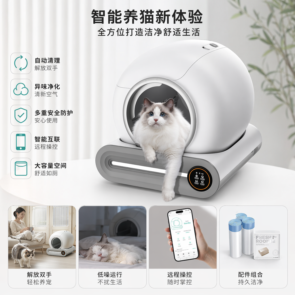 白色智能猫砂盆配白灰相间长毛猫清洁垫除臭剂手机App控制