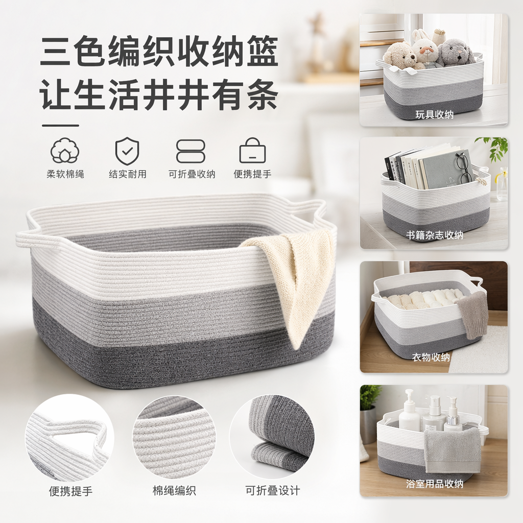 灰白条纹绳编收纳篮家用大容量编织储物篮客厅卧室整理篮