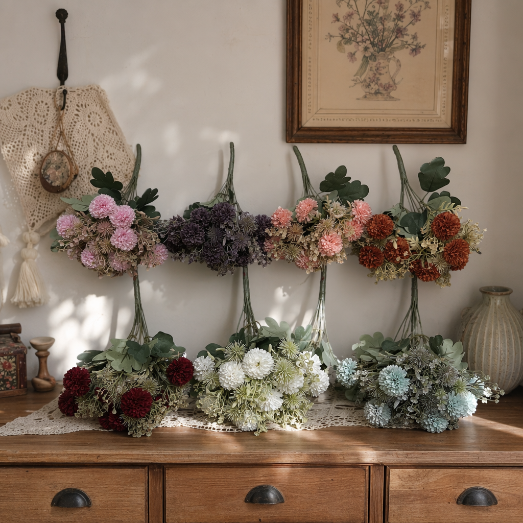Colorful simulated flower bouquets with velvet texture, permanent floral art ornaments for living room and bedroom decoration details Picture