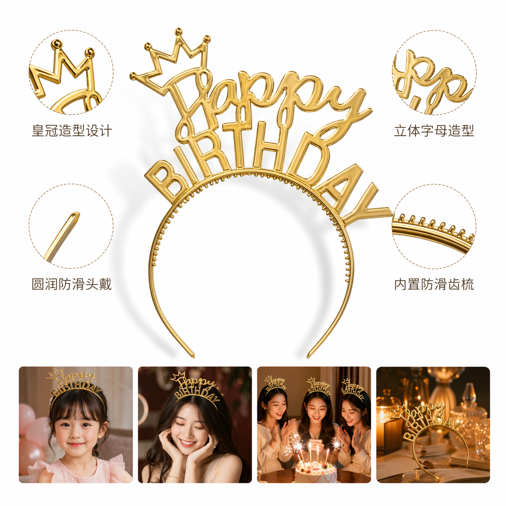 The golden "Happy Birthday" decorative set includes a crown letter glitter background board with a rainbow gradient of "HAPPY"