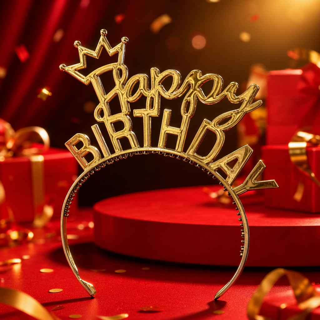 The golden "Happy Birthday" decorative set includes a crown letter glitter background board with a rainbow gradient of "HAPPY" Specification image
