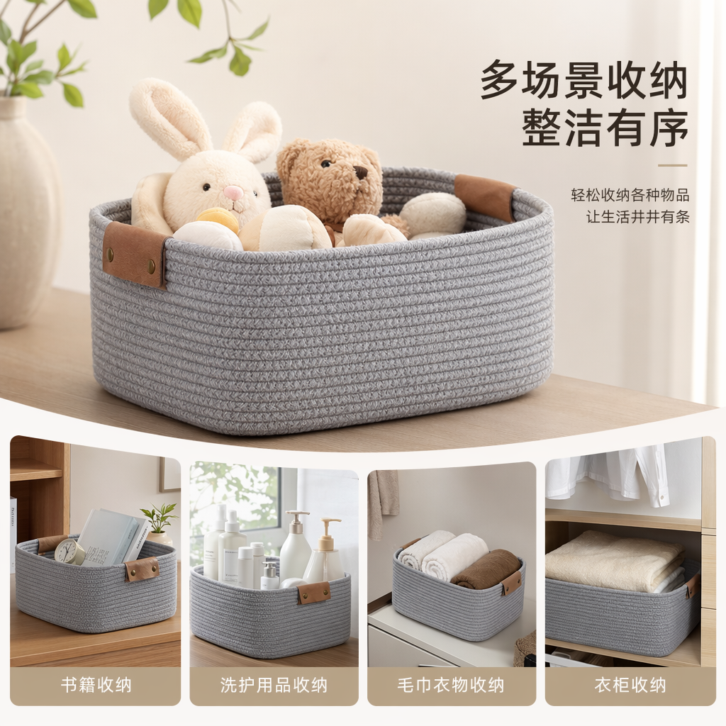 灰色绳编收纳篮 家居储物篮 手工编织藤编风客厅卧室整理筐