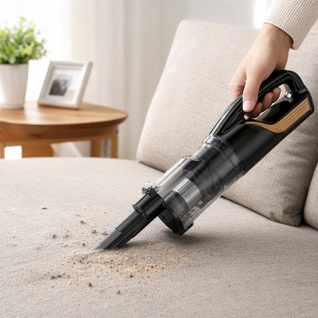 Black handheld vacuum cleaner for household use, with strong suction power, lightweight and wireless charging details Picture