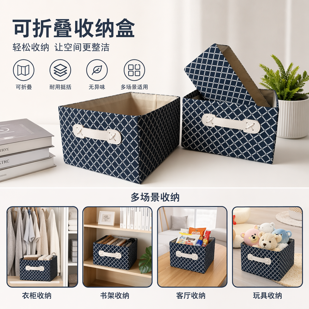 Blue and white checkered storage box, home desktop organization box, simple Nordic-style storage box
