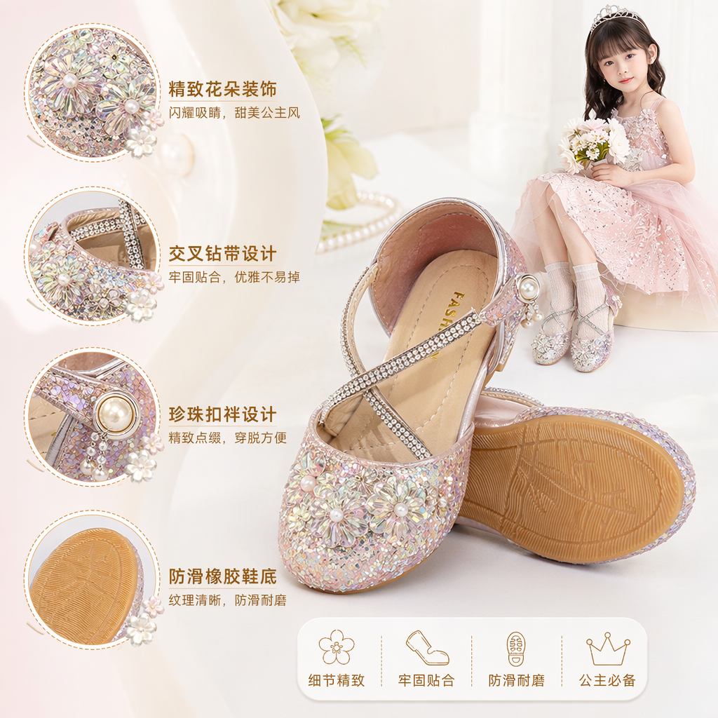 Colorful diamond-encrusted children's princess shoes, girls' sequined ballet style soft-soled single shoes