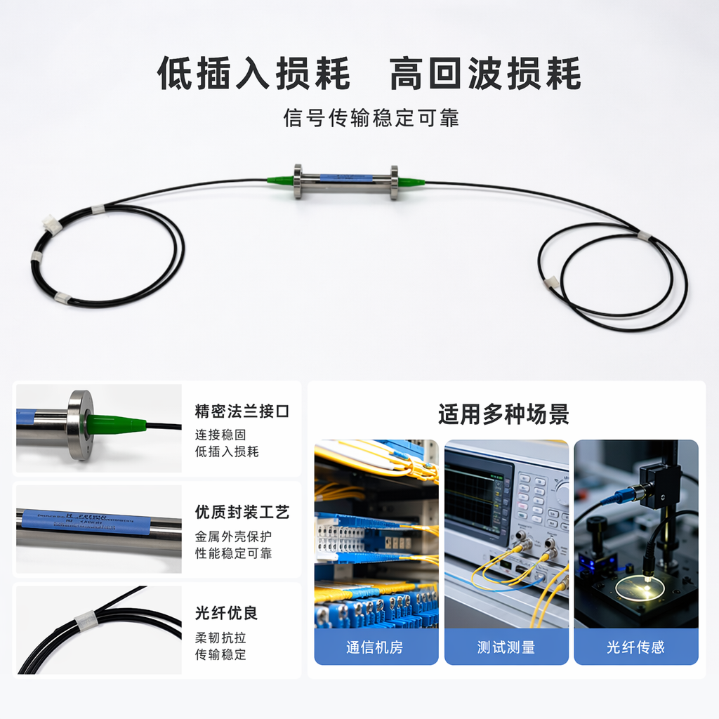 银色光纤传感器配黑色线缆绿色接头白色展台展示