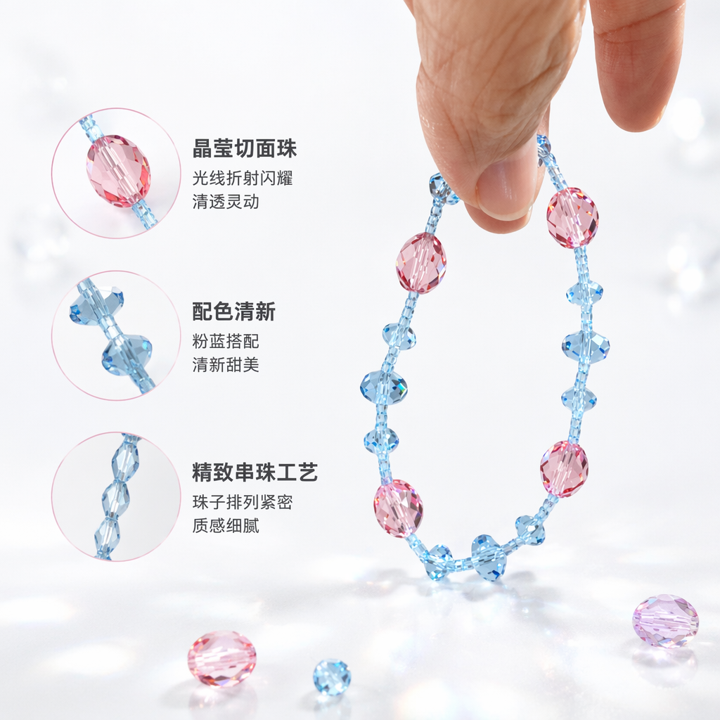 手持蓝粉水晶串珠手链天然石能量手饰女款