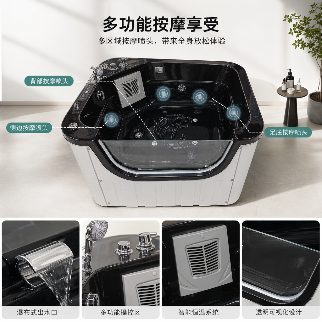 黑色按摩浴缸 家用恒温智能气泡冲浪大容量静音节能