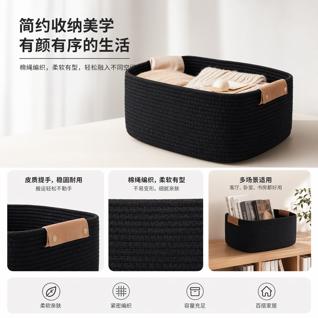 黑色绳编收纳篮 家居储物篮 手工编织藤编风简约北欧风