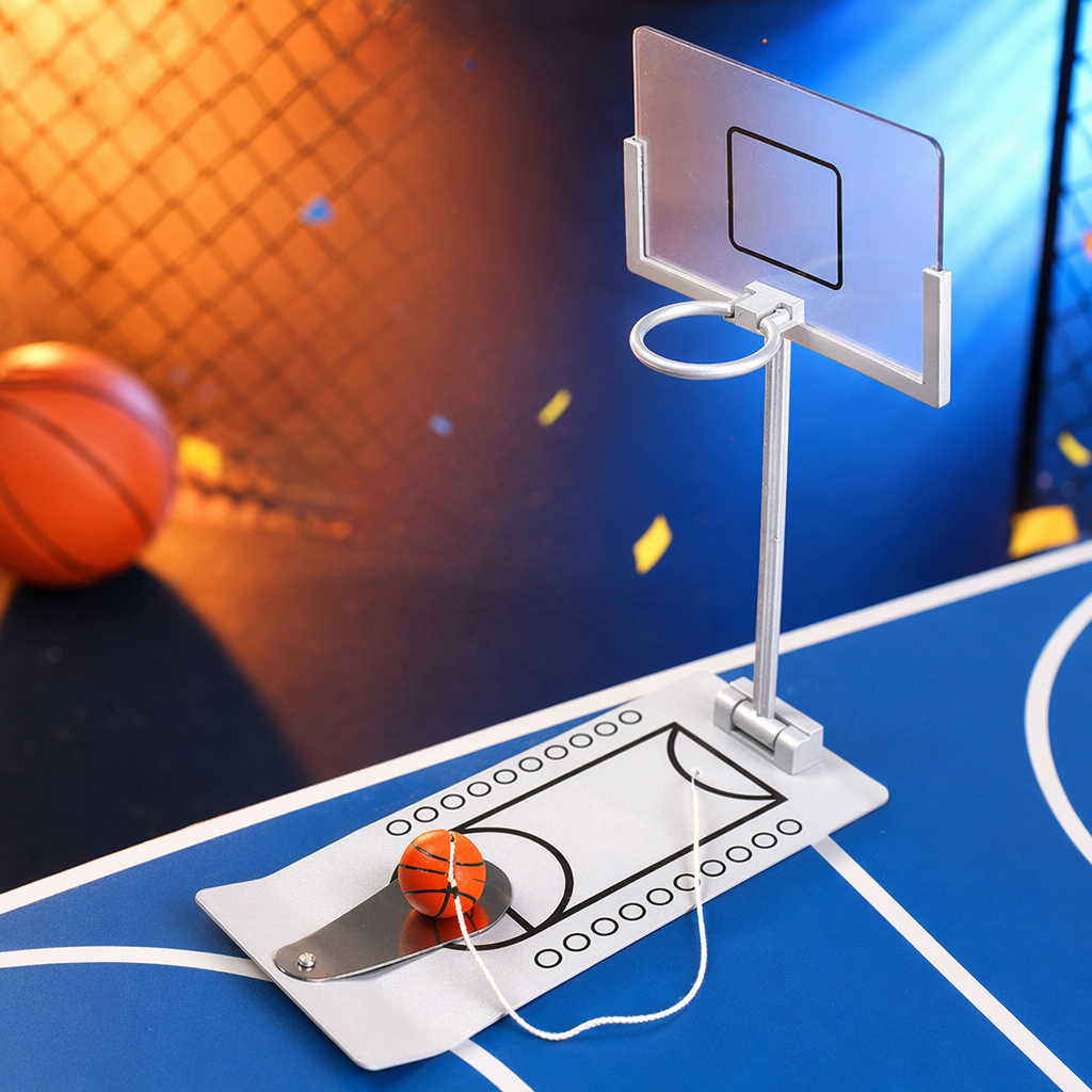 Silver desktop mini basketball stand with orange small balls and transparent backboard for home, office and entertainment Specification image