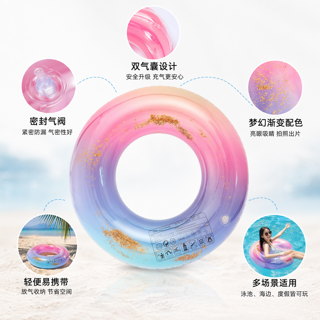 彩色渐变带金粉充气游泳圈 儿童成人通用 夏日沙滩泳池玩水必备