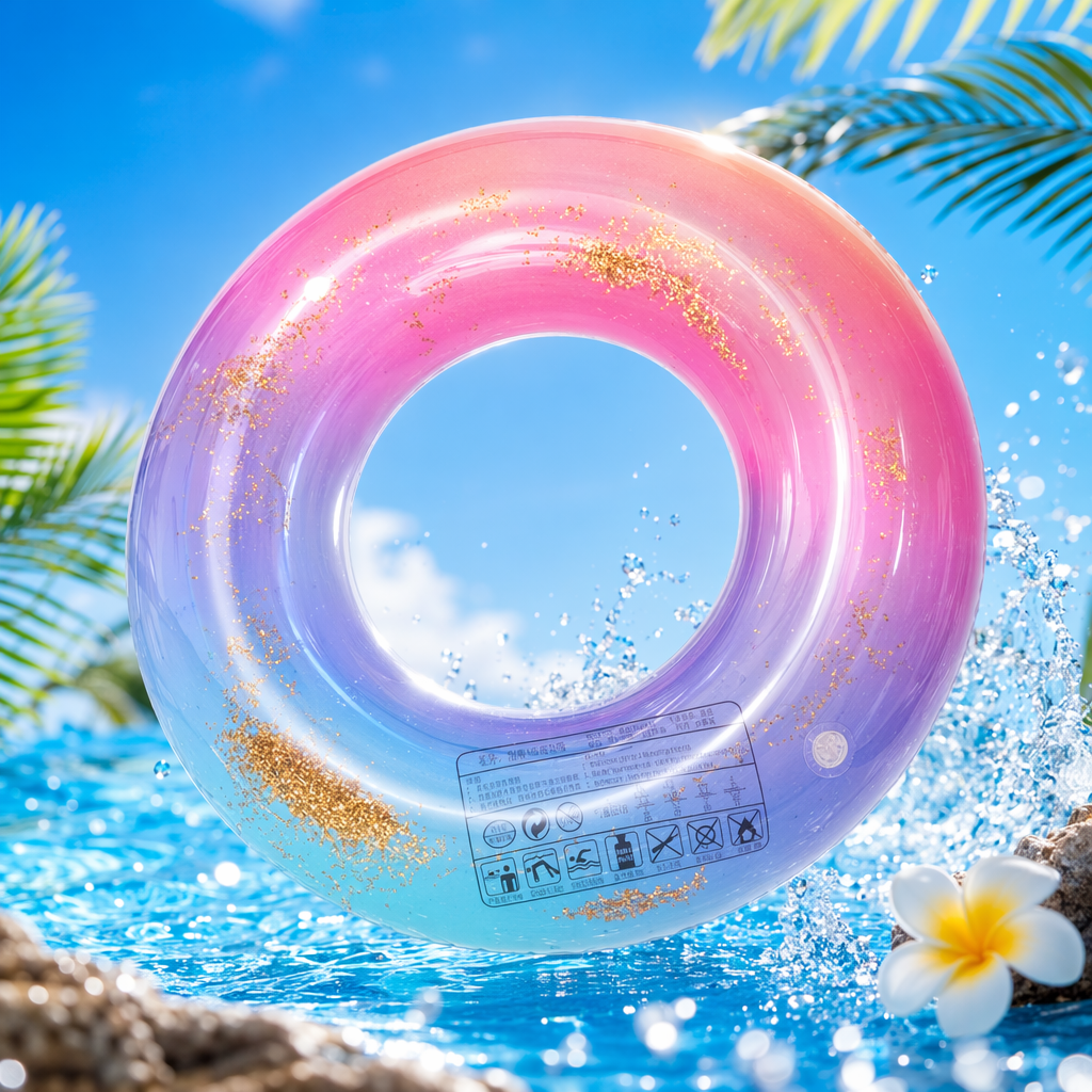 彩色渐变带金粉充气游泳圈细节图