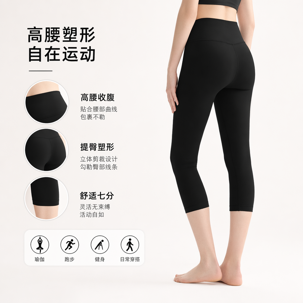 黑色高腰七分瑜伽裤模特背影展示修身显瘦弹力速干