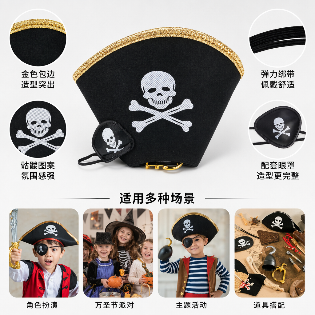 黑色海盗帽 白色骷髅交叉骨图案 金色饰边