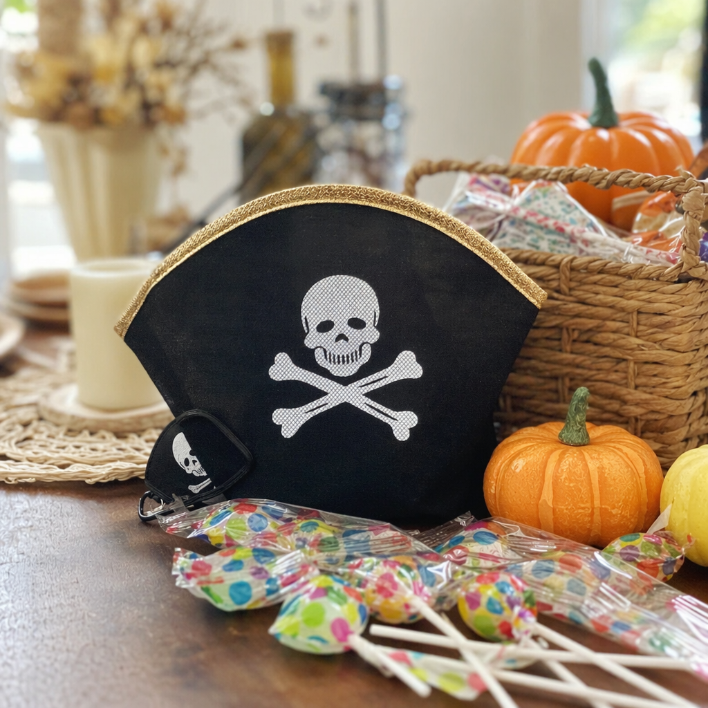 Black pirate hat, white skull cross bone pattern, golden trim details Picture