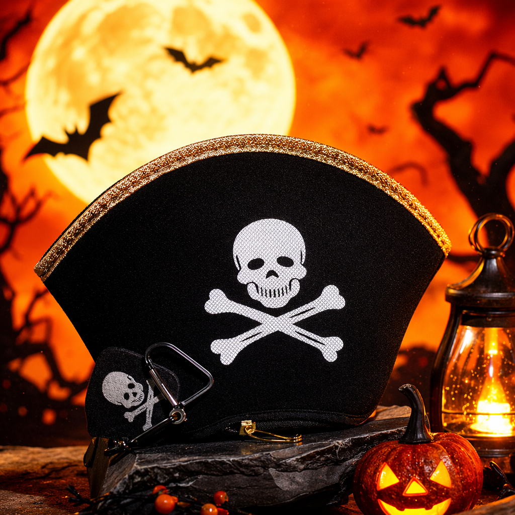 Black pirate hat, white skull cross bone pattern, golden trim Specification image