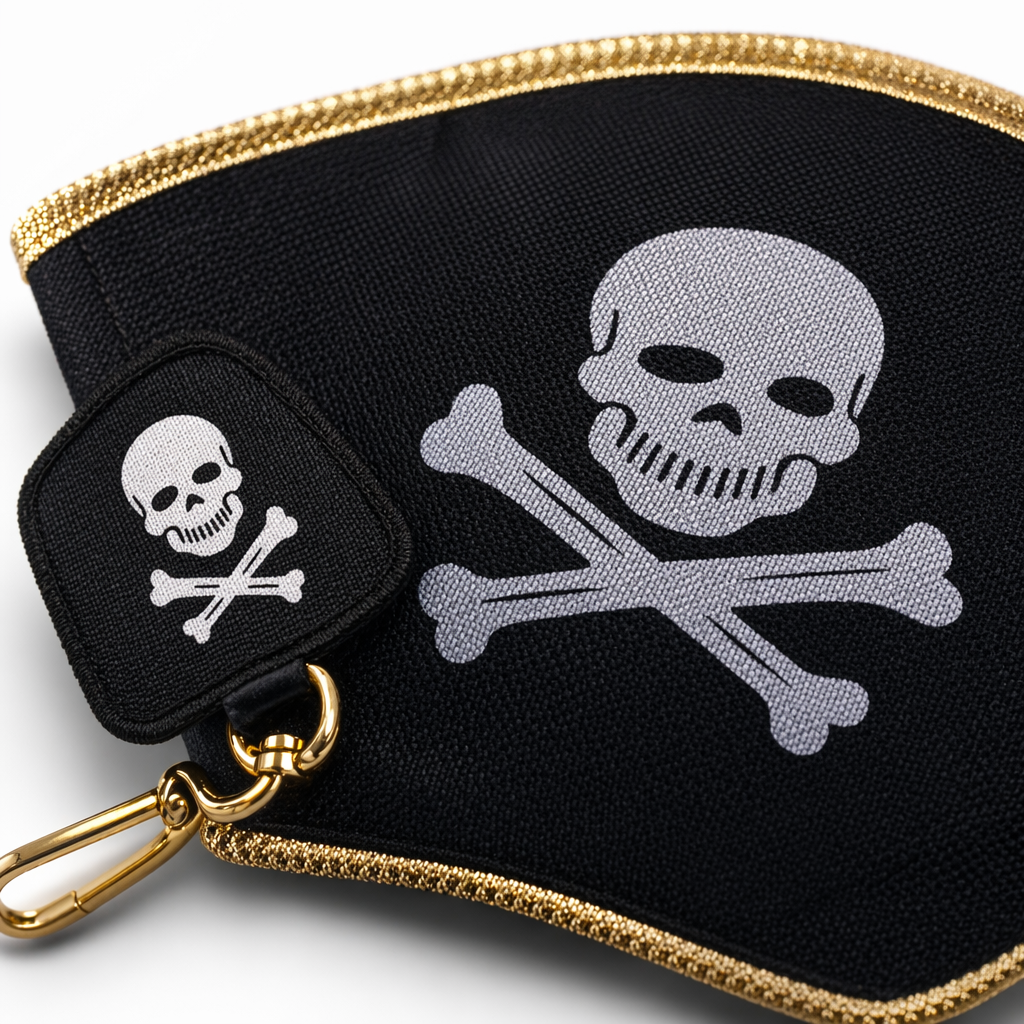 Black pirate hat, white skull cross bone pattern, golden trim Application Scenario