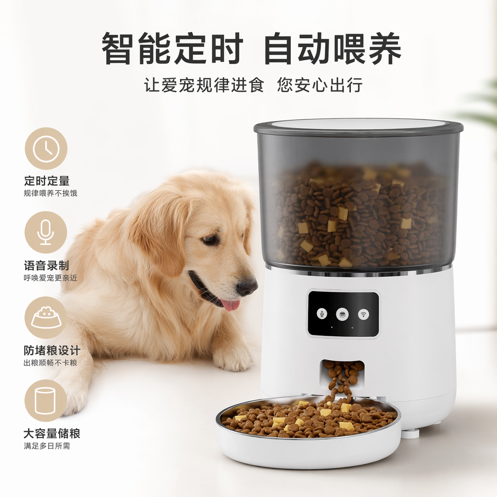 白色智能宠物喂食器 定时定量自动喂食 3L大容量 APP远程控制