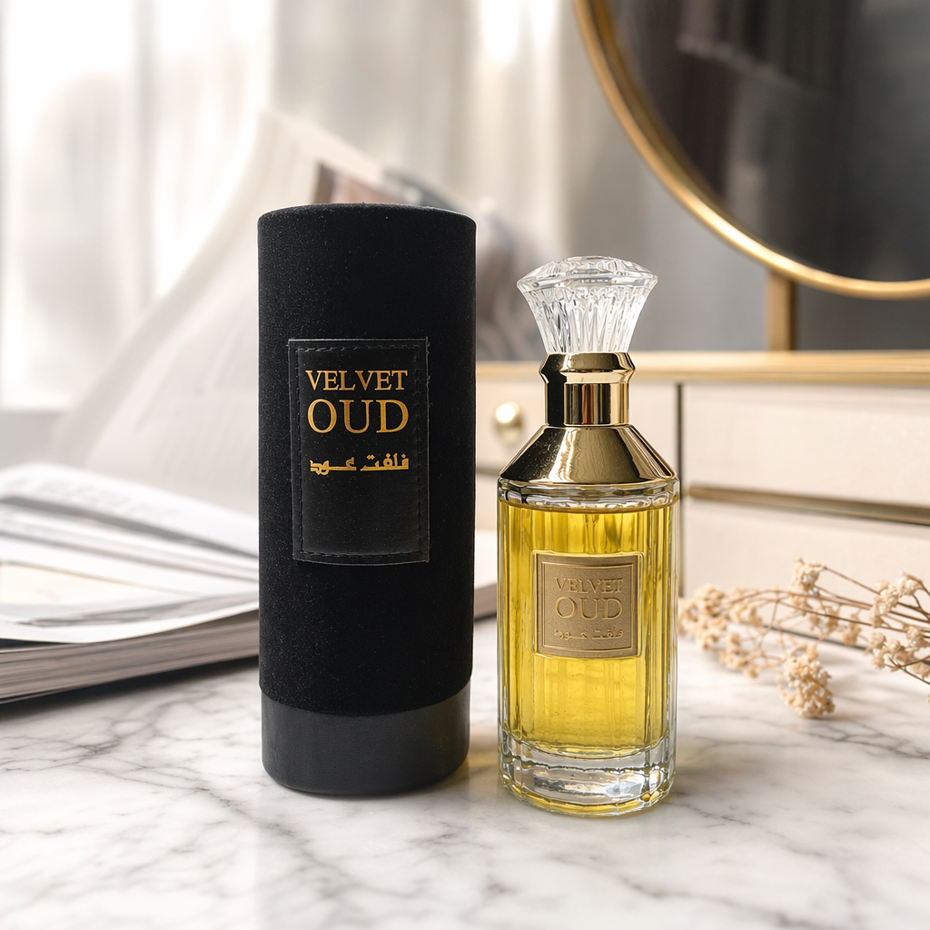Velvet Oud golden perfume bottle with black suede gift box details Picture