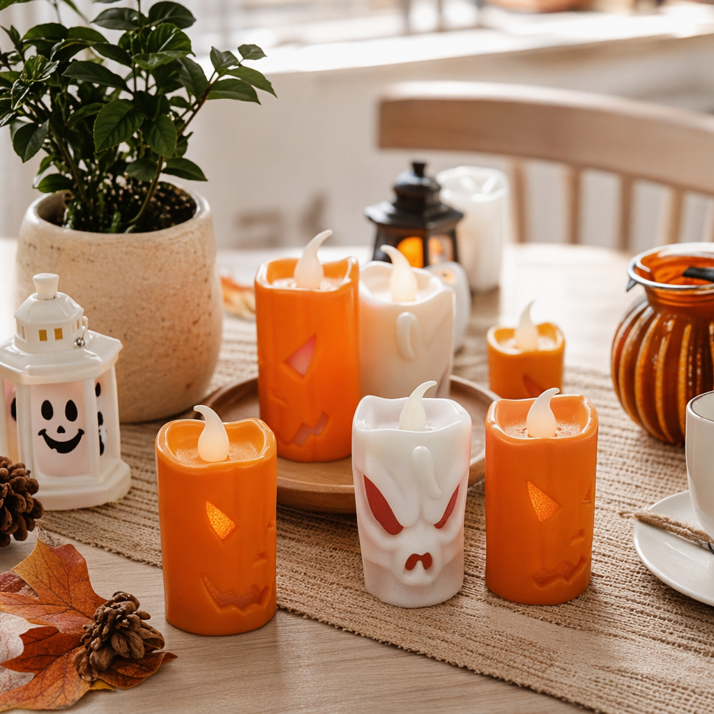 Orange and white pumpkin-shaped electronic candle festive decorative atmosphere light, no need for drilling, remote control details Picture