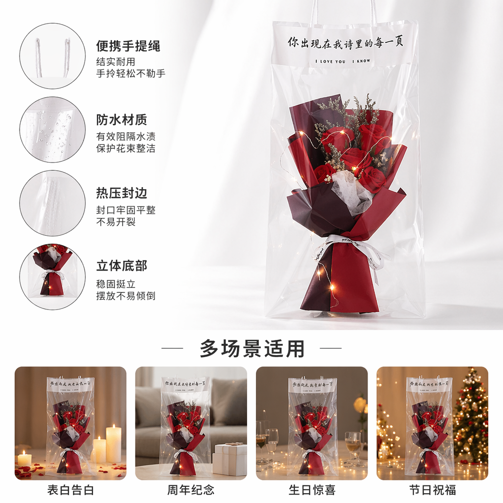 A transparent bagged bouquet of dried red roses with warm light strings, wrapped in red and black paper and white ribbon gift box