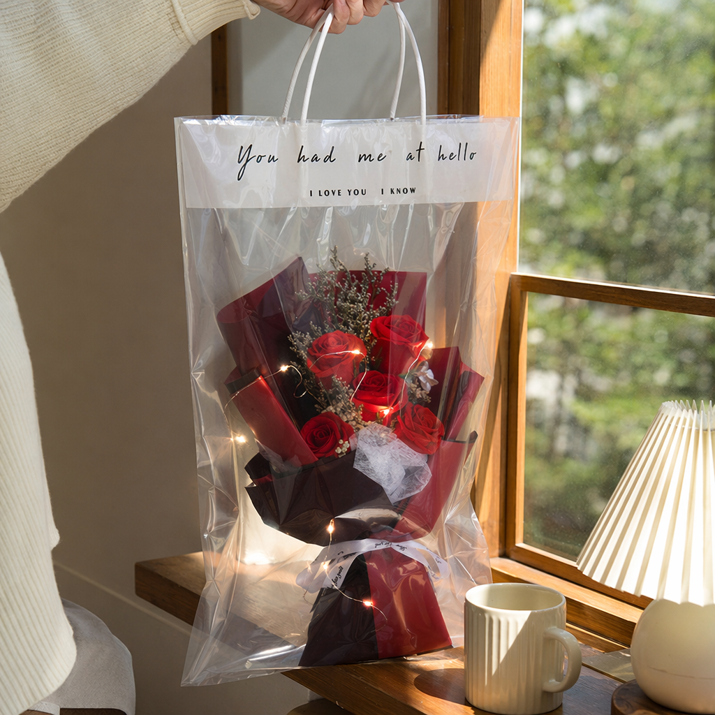 A transparent bagged bouquet of dried red roses with warm light strings, wrapped in red and black paper and white ribbon gift box details Picture