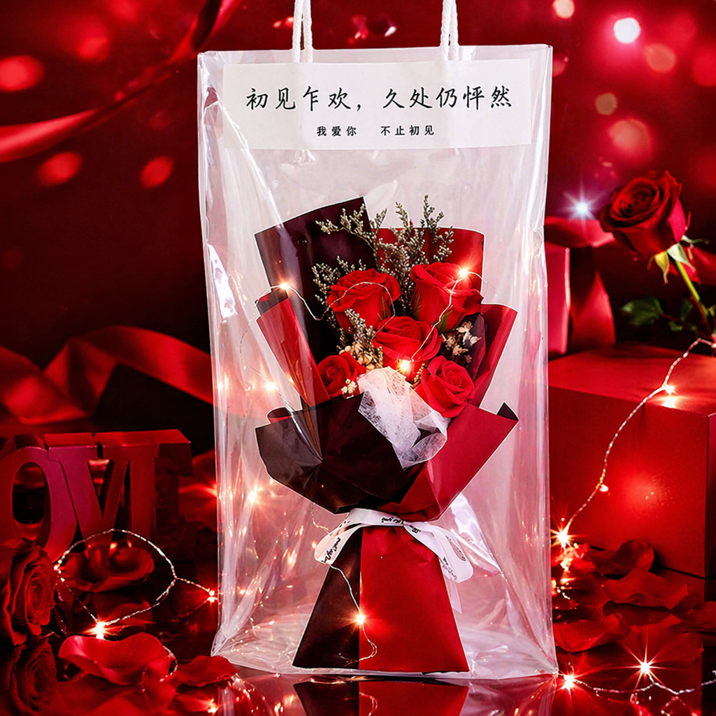A transparent bagged bouquet of dried red roses with warm light strings, wrapped in red and black paper and white ribbon gift box Specification image