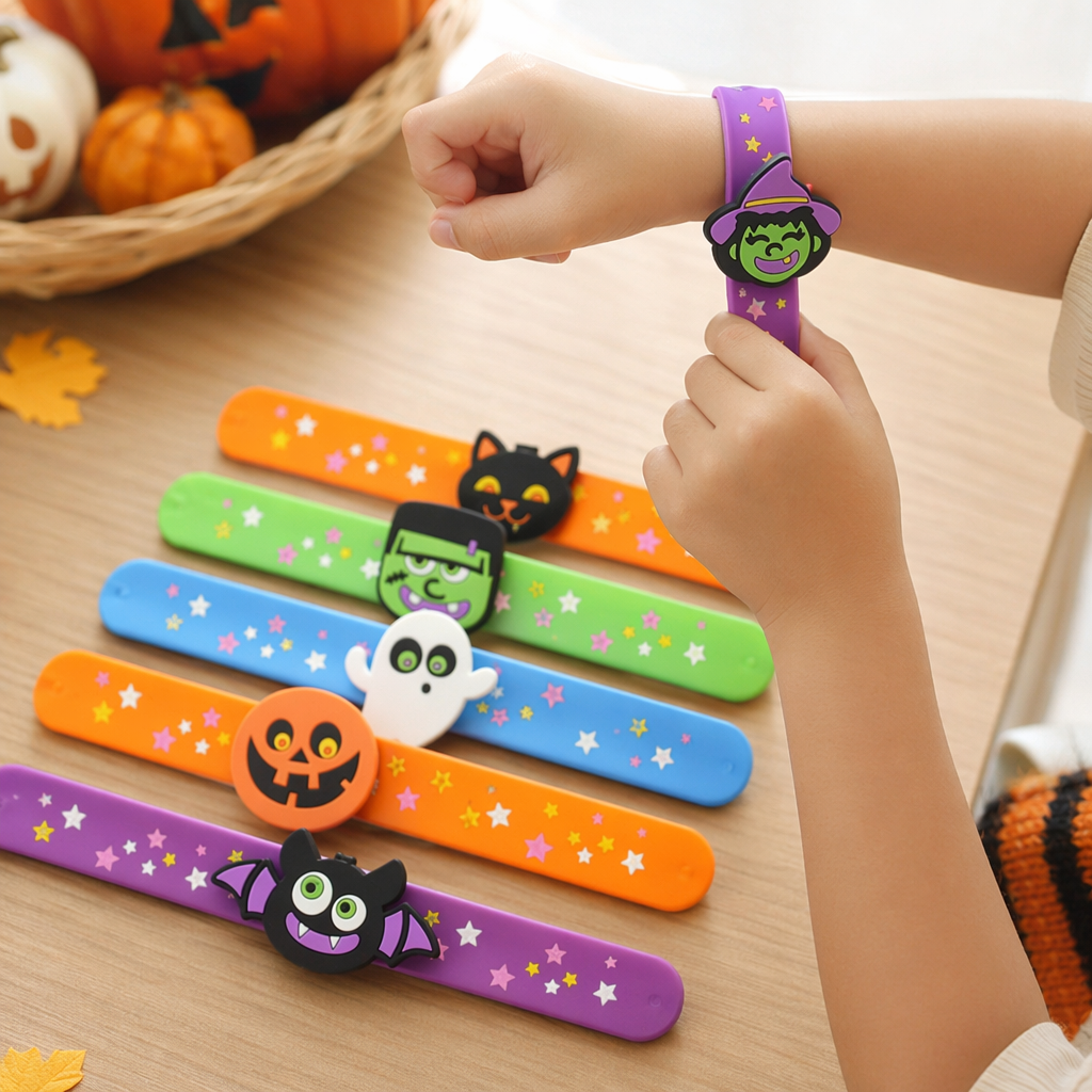Colorful Halloween-themed silicone wristbands, silicone patting rings with cartoon ghost decorations, festival party accessories details Picture