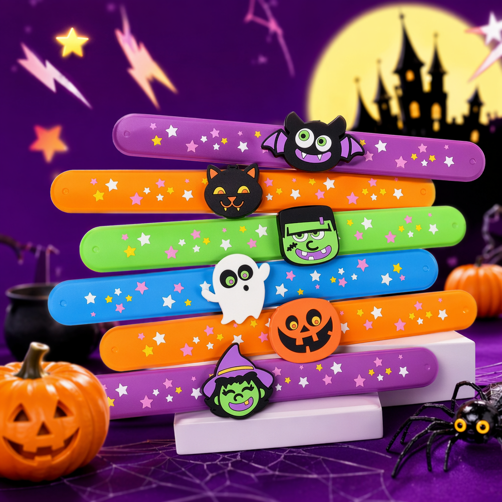 Colorful Halloween-themed silicone wristbands, silicone patting rings with cartoon ghost decorations, festival party accessories Specification image