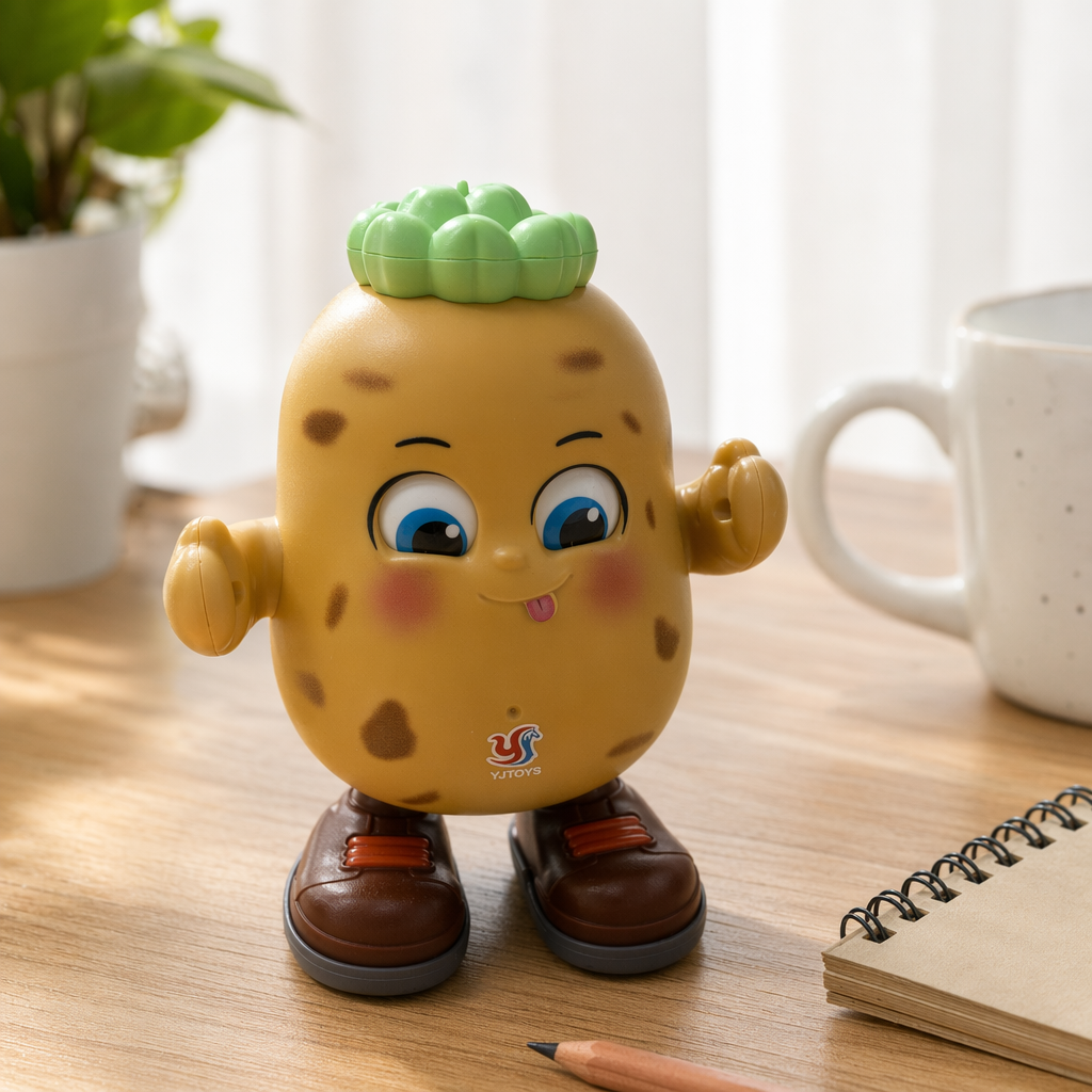 A brown-spotted potato-shaped toy with a green bun, big blue eyes and a tongue-sticking expression, wearing brown leather shoes details Picture