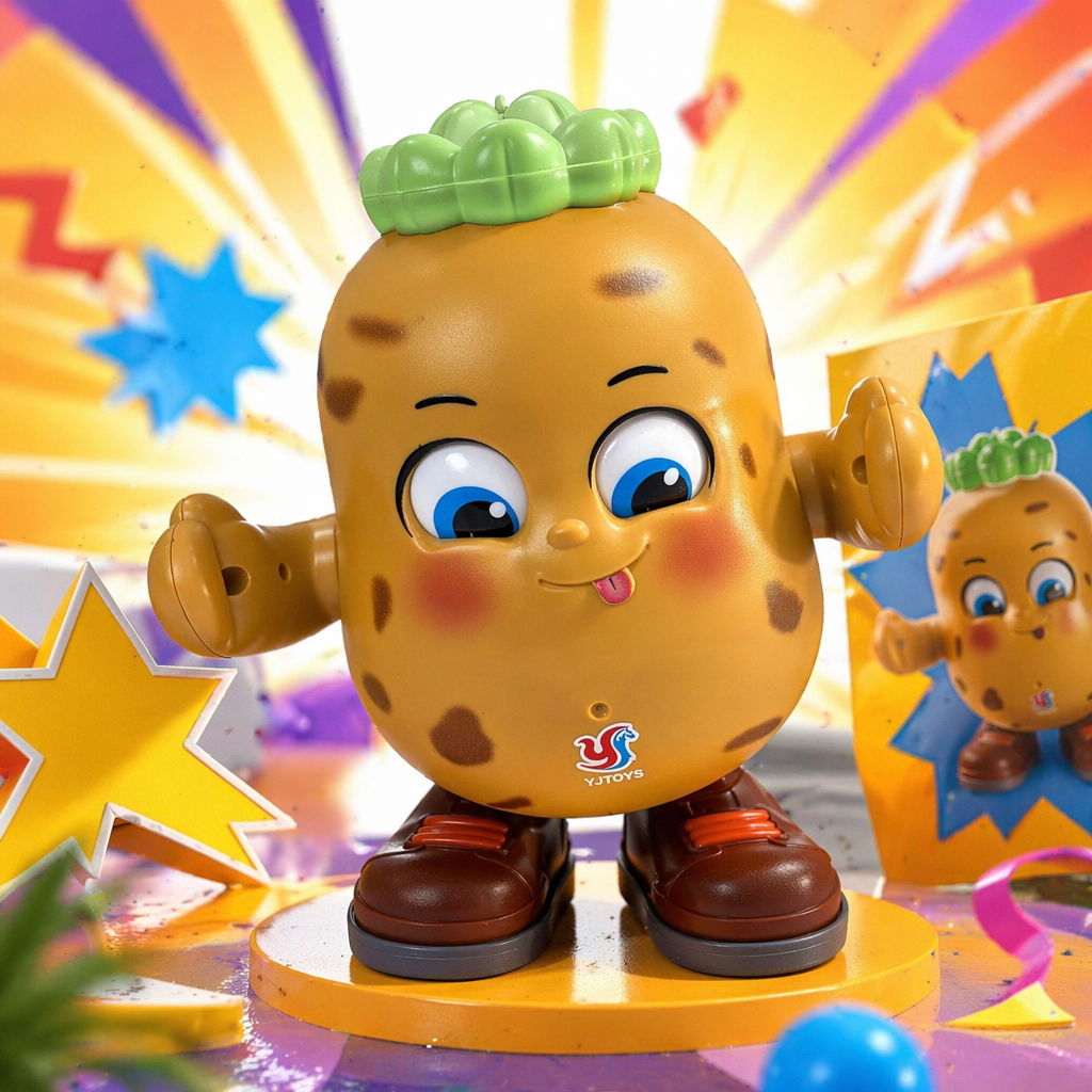 A brown-spotted potato-shaped toy with a green bun, big blue eyes and a tongue-sticking expression, wearing brown leather shoes Specification image