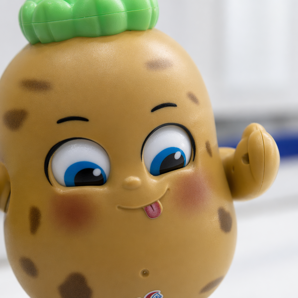 A brown-spotted potato-shaped toy with a green bun, big blue eyes and a tongue-sticking expression, wearing brown leather shoes Application Scenario