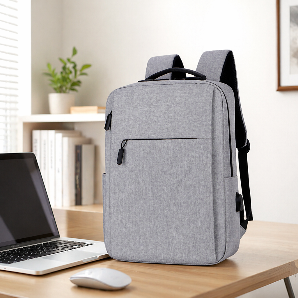 A simple and fashionable grey backpack with a large capacity for both men and women, suitable for commuting and travel details Picture
