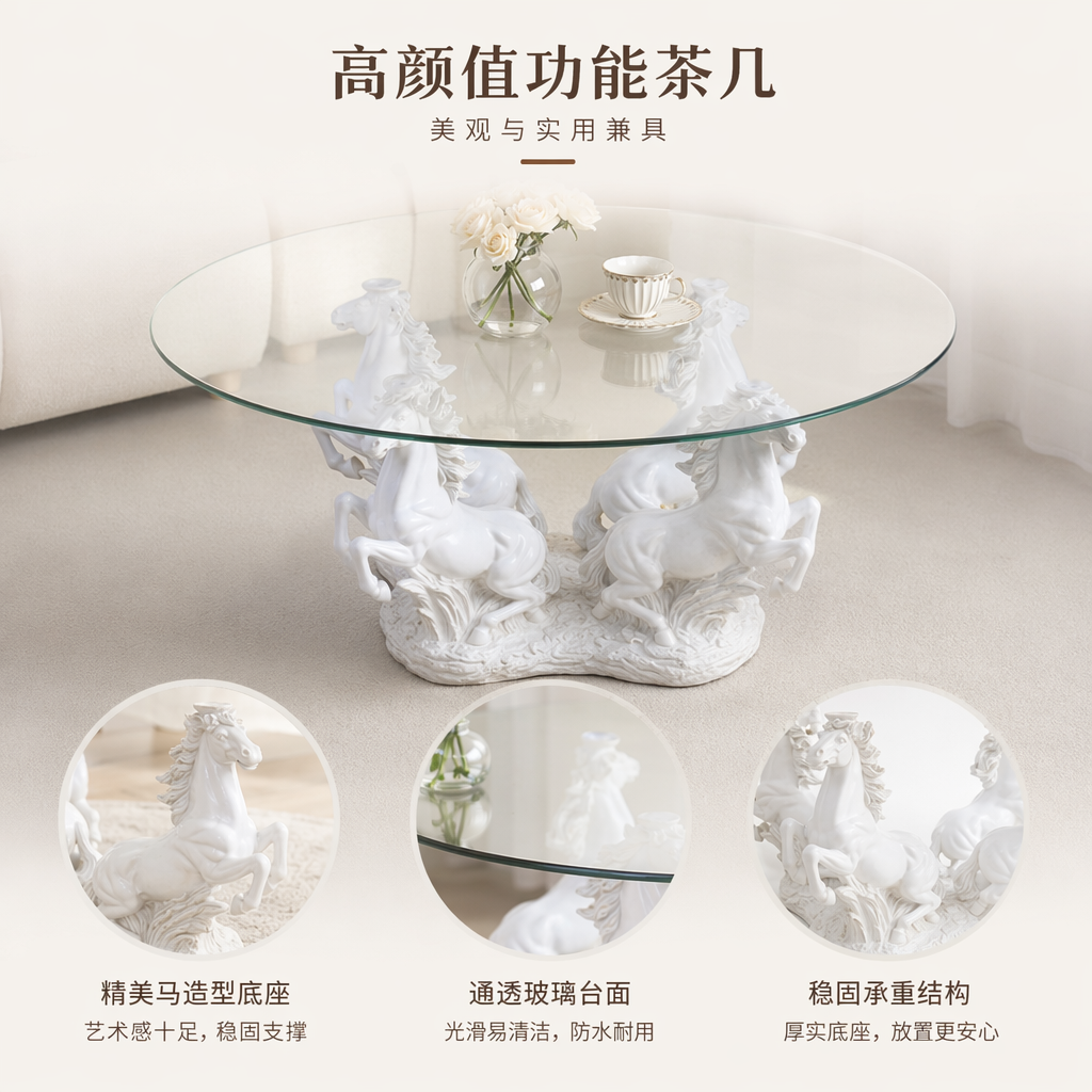 白色马雕塑玻璃圆桌客厅装饰摆件现代简约茶几