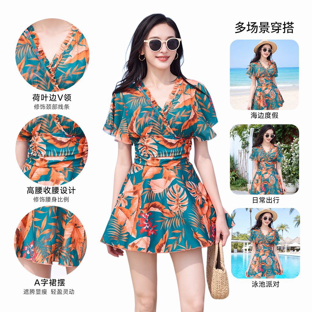 热带植物印花连体泳衣女款修身显瘦防晒泳装