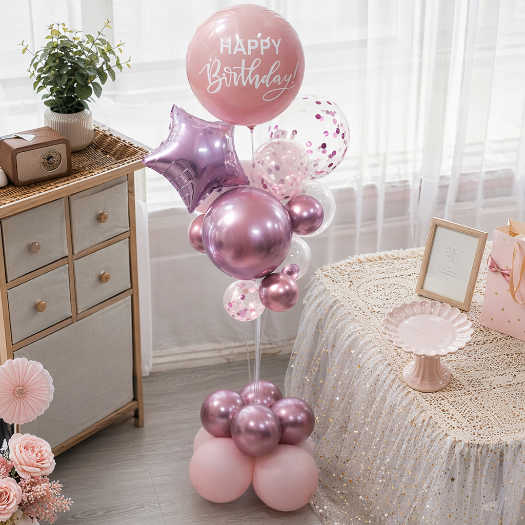 Pink Birthday balloon set "Happy Birthday", star-shaped, multi-sized round with base stand details Picture