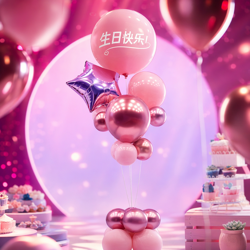 Pink Birthday balloon set "Happy Birthday", star-shaped, multi-sized round with base stand Specification image