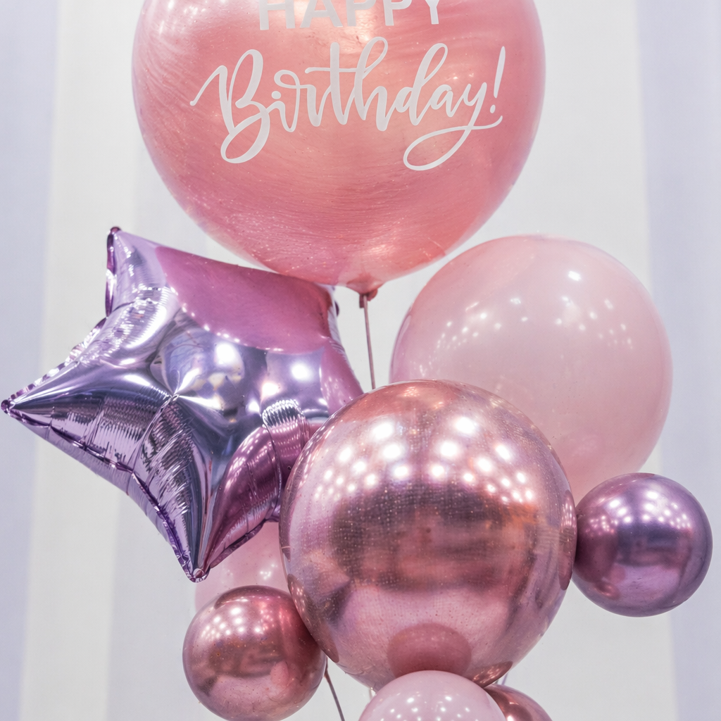 Pink Birthday balloon set "Happy Birthday", star-shaped, multi-sized round with base stand Application Scenario