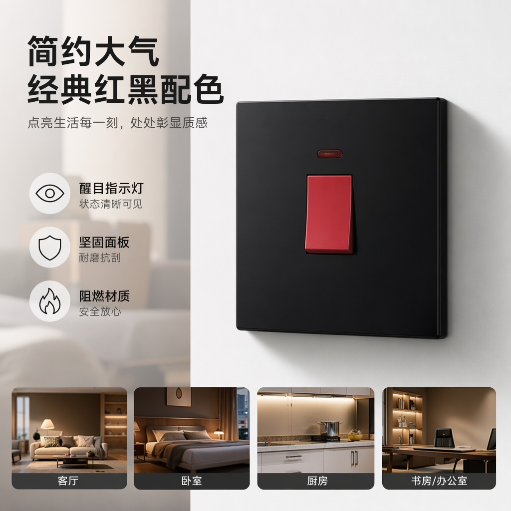 T6黑色20A面板红色墙壁开关家用办公通用 专供出口