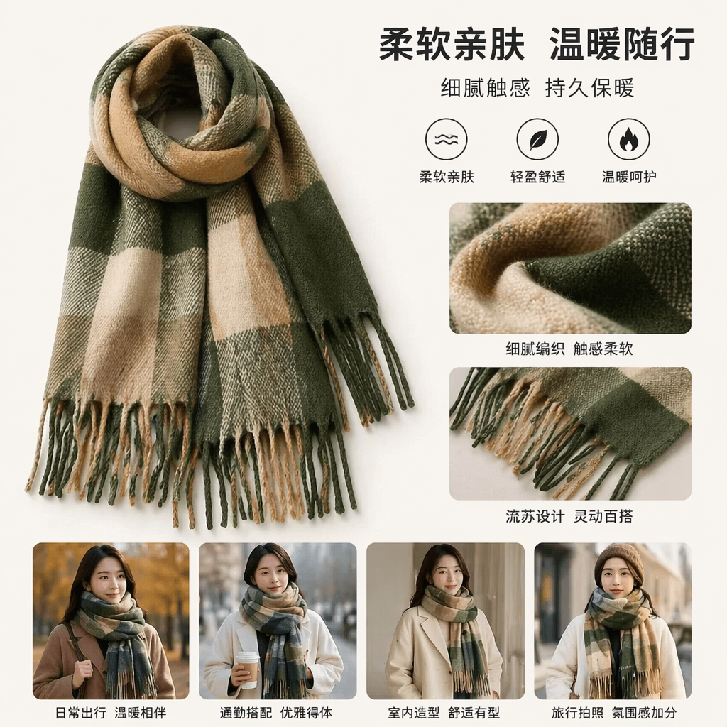 绿色格纹围巾女秋冬保暖纯棉简约时尚百搭