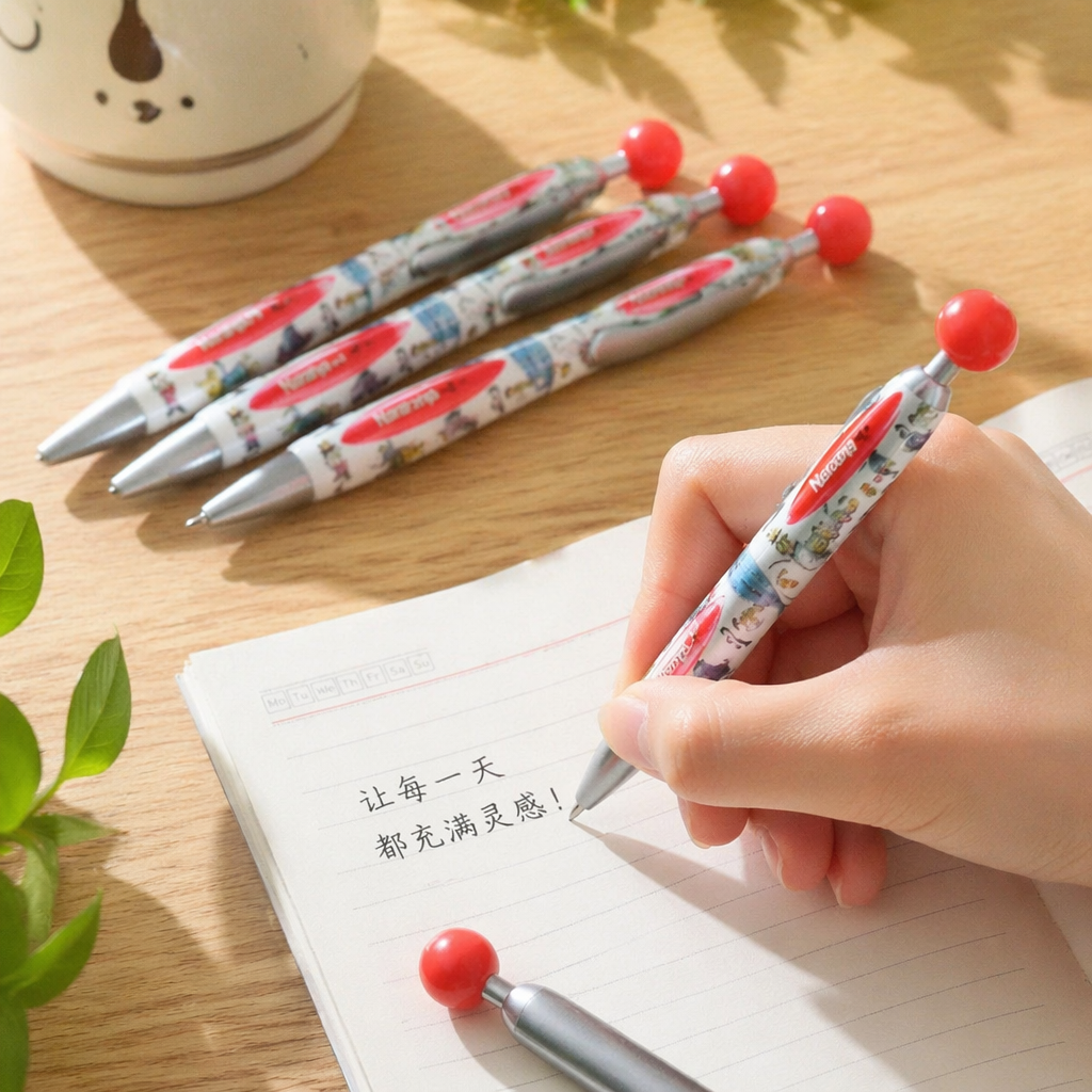 四支印有卡通图案的白色圆珠笔，笔帽为红色球形，笔身有“Naranja”字样和彩色插画，银色金属笔尖和夹子产品图