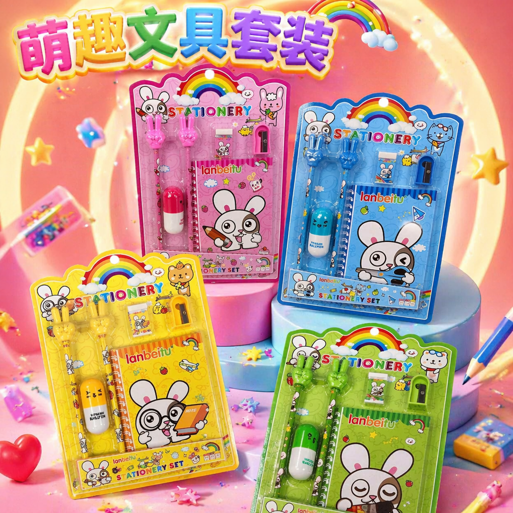 彩色兔子卡通儿童文具套装含四款文具组合细节图