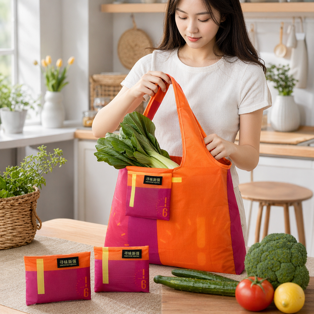 The orange and pink color-matched folding shopping bag is lightweight, large-capacity, environmentally friendly and easy to store details Picture