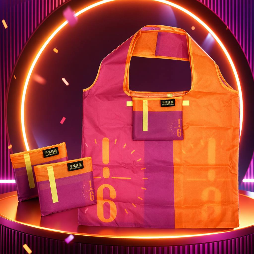 The orange and pink color-matched folding shopping bag is lightweight, large-capacity, environmentally friendly and easy to store Specification image