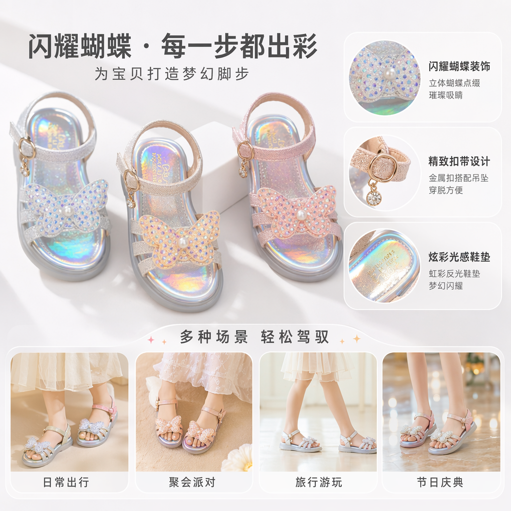 Colorful butterfly-decorated children's sandals for girls, summer style, breathable and anti-slip, one-step