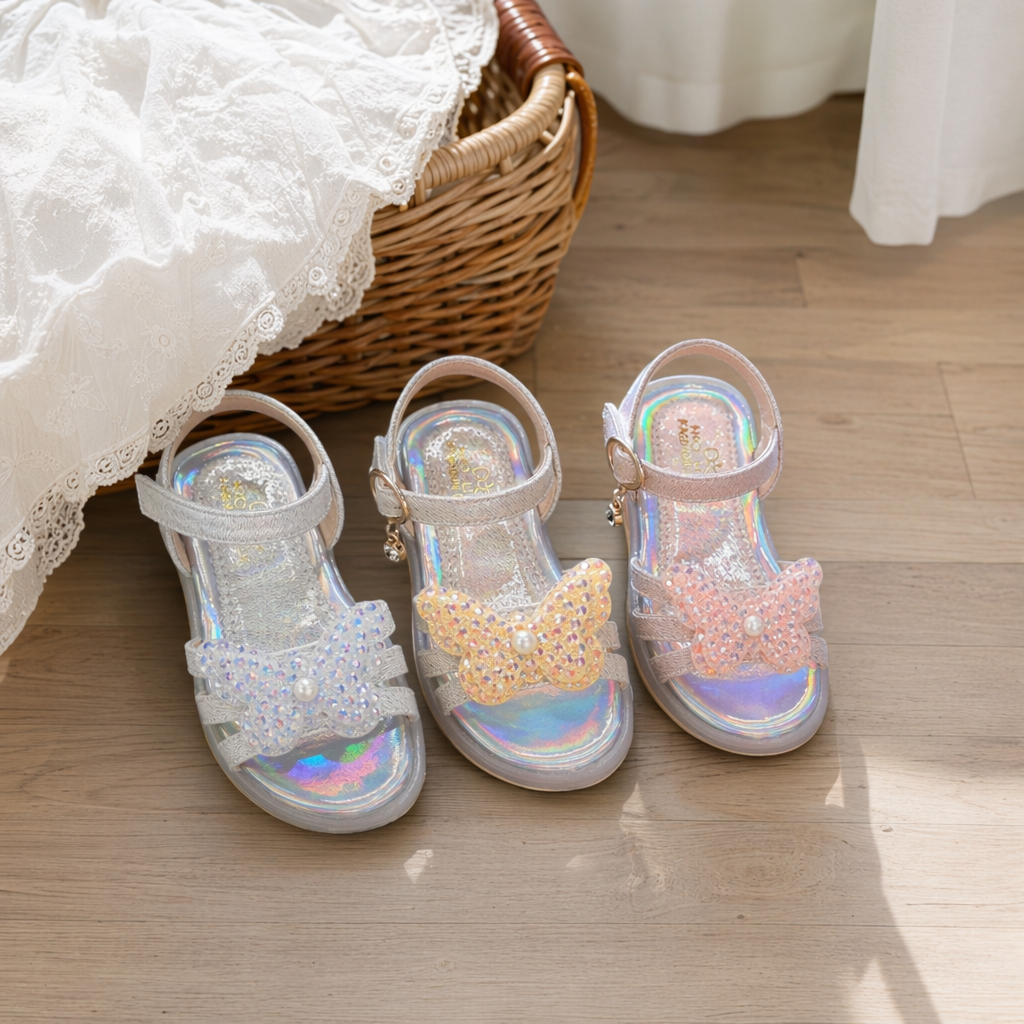 Colorful butterfly-decorated children's sandals for girls, summer style, breathable and anti-slip, one-step details Picture
